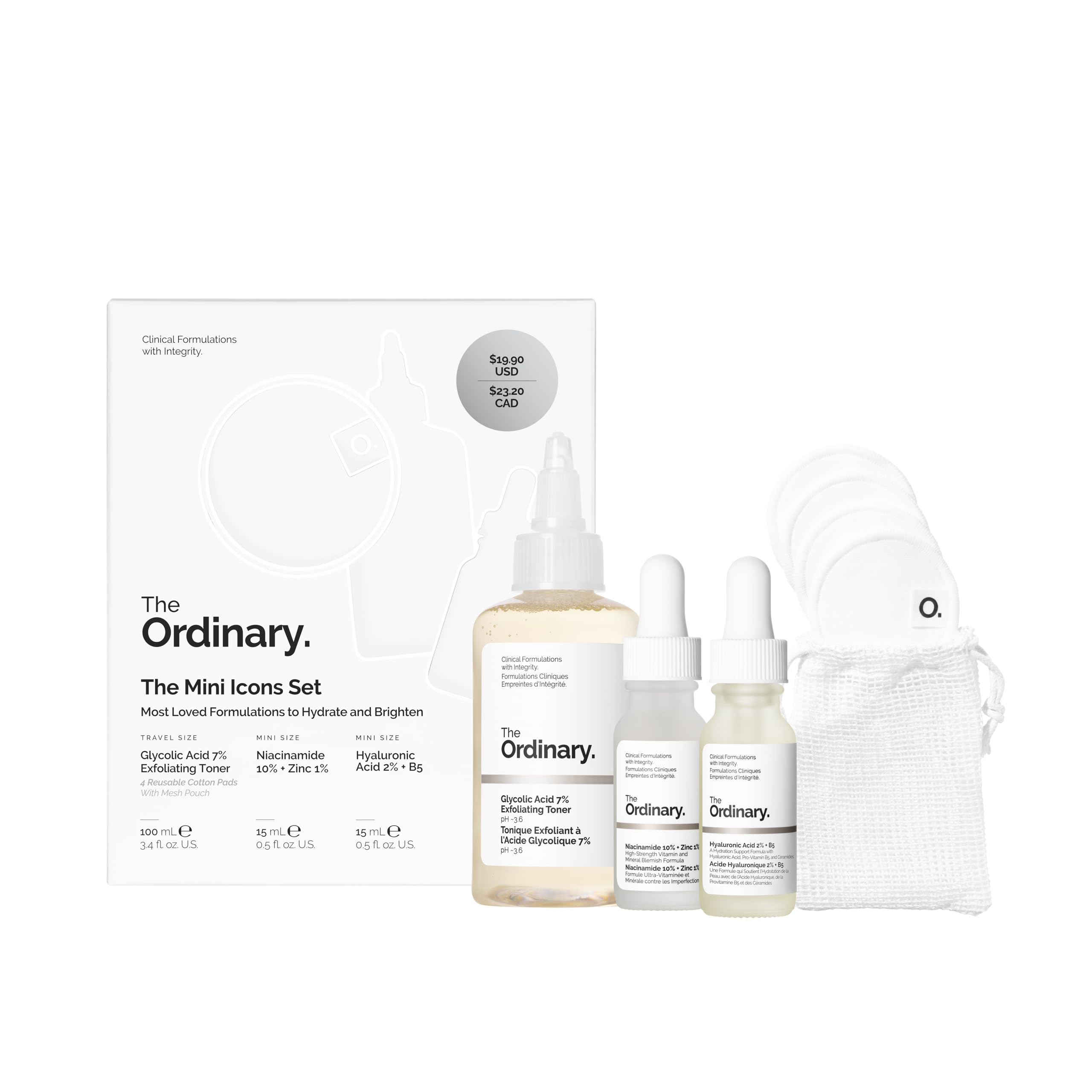 The Ordinary mini icons set flat lay showing travel kit convenience