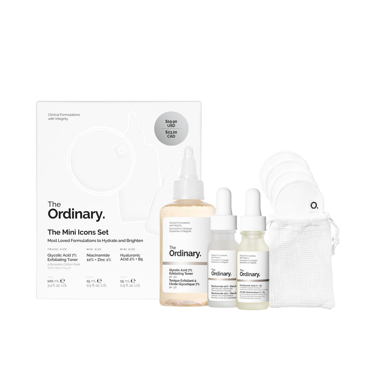The Ordinary mini icons set flat lay showing travel kit convenience
