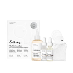 The Ordinary mini icons set flat lay showing travel kit convenience