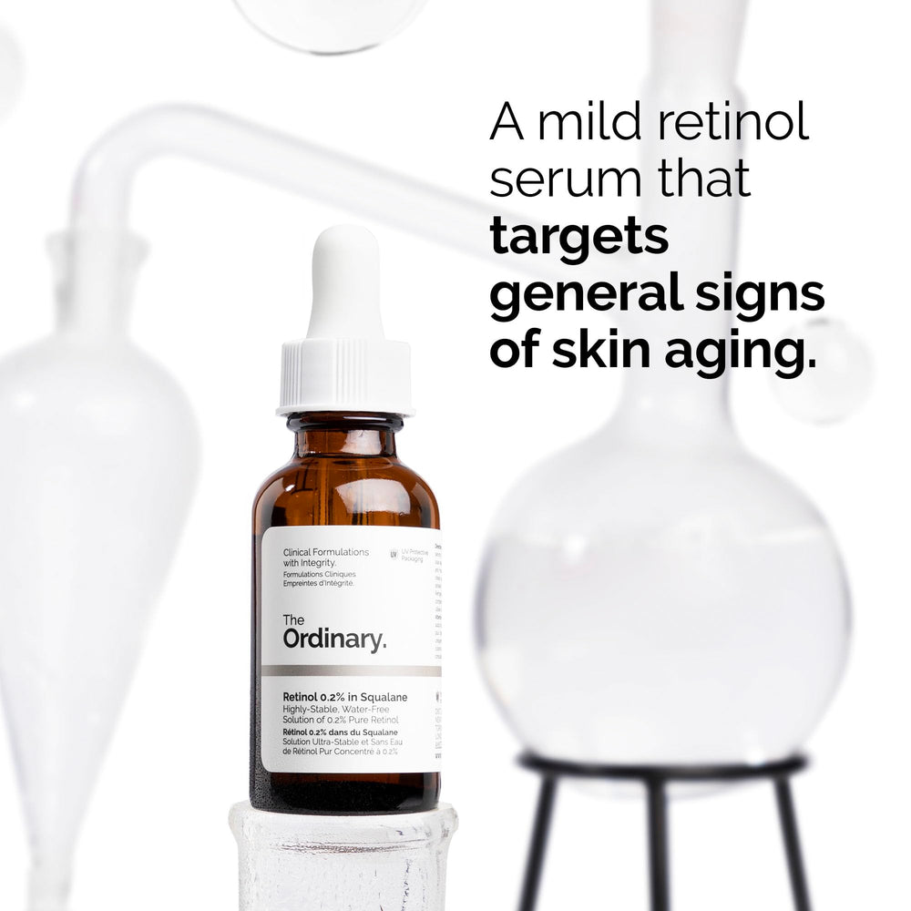 The Ordinary retinol dropper applying a drop to skin demonstrating controlled evening use
