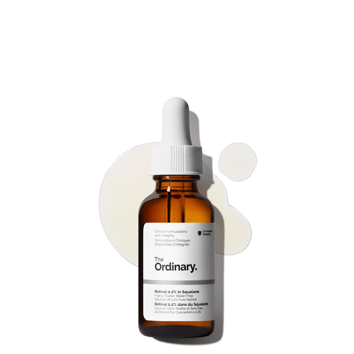 The Ordinary retinol front packaging showing bottle and label for easy identification and trust