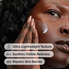 Applying The Ordinary microemulsion to cheek to show soothing application and glow