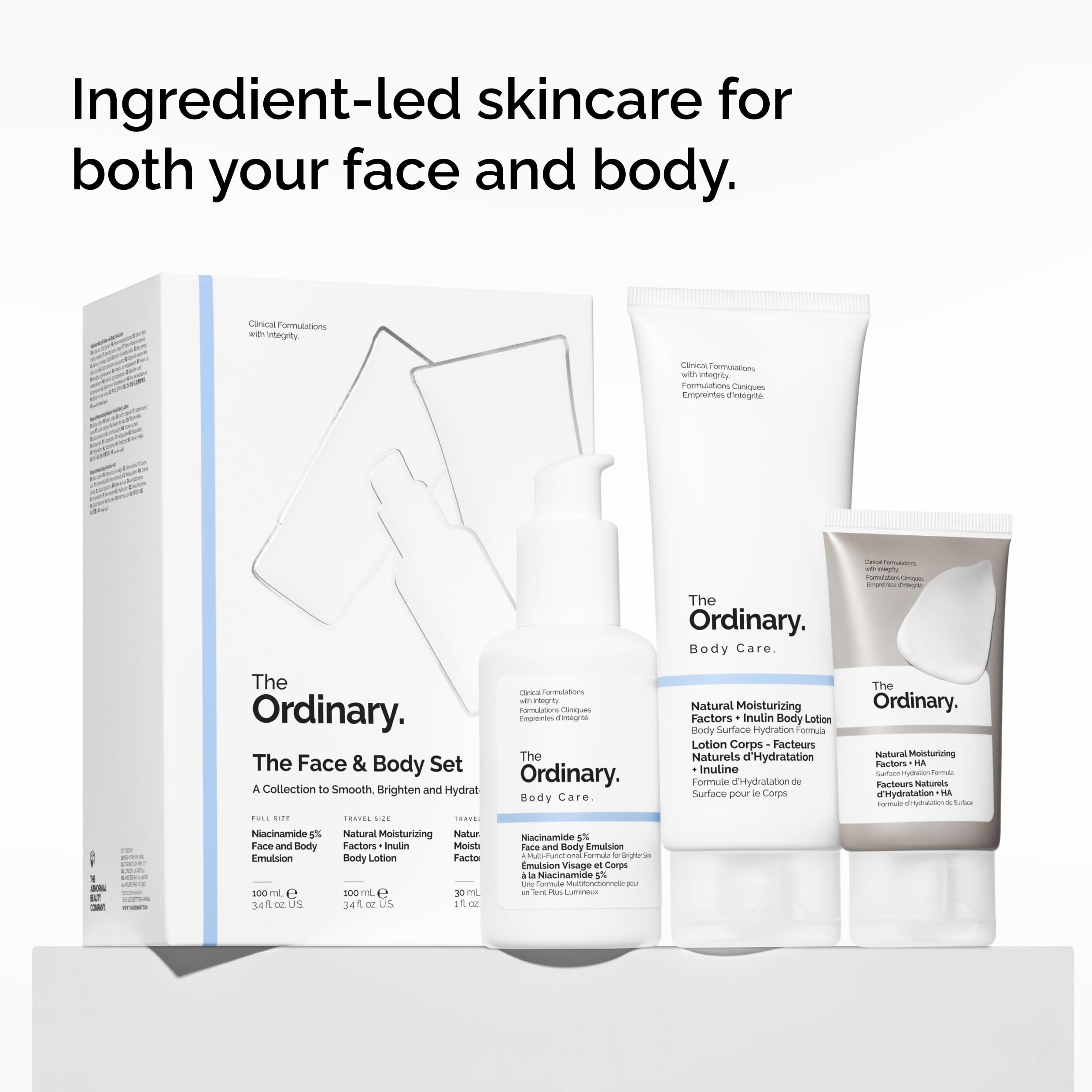 Scale comparison of The Ordinary products on a towel to show travel-friendly sizes and portability
