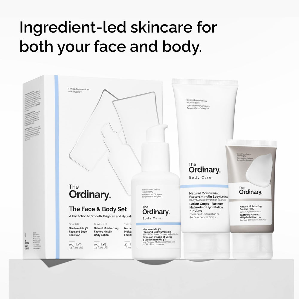 Scale comparison of The Ordinary products on a towel to show travel-friendly sizes and portability
