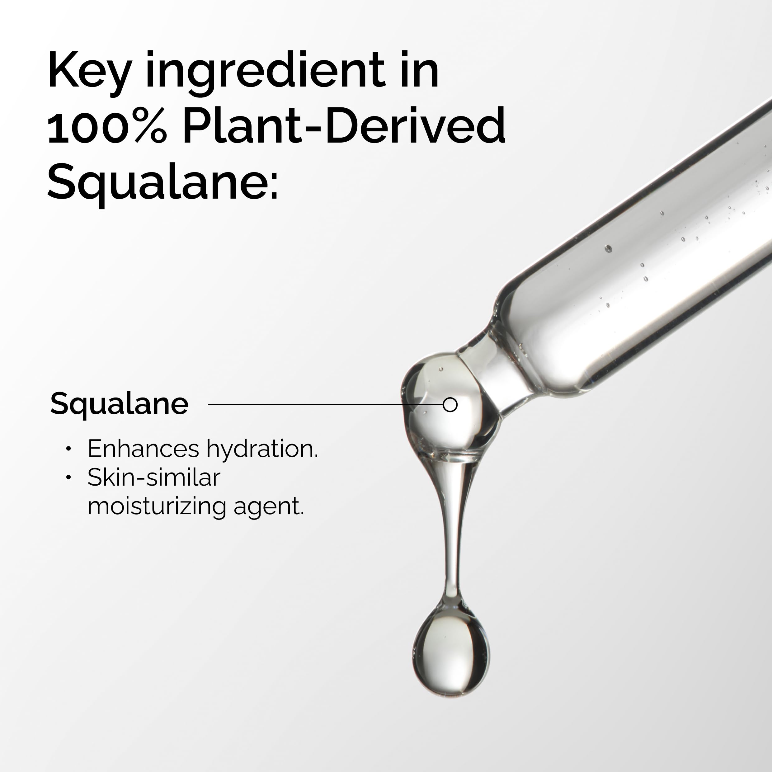 The Ordinary squalane dropper closeup dispensing clear oil, highlights precise application