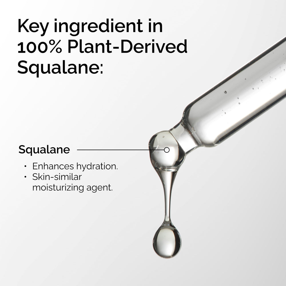 The Ordinary squalane dropper closeup dispensing clear oil, highlights precise application