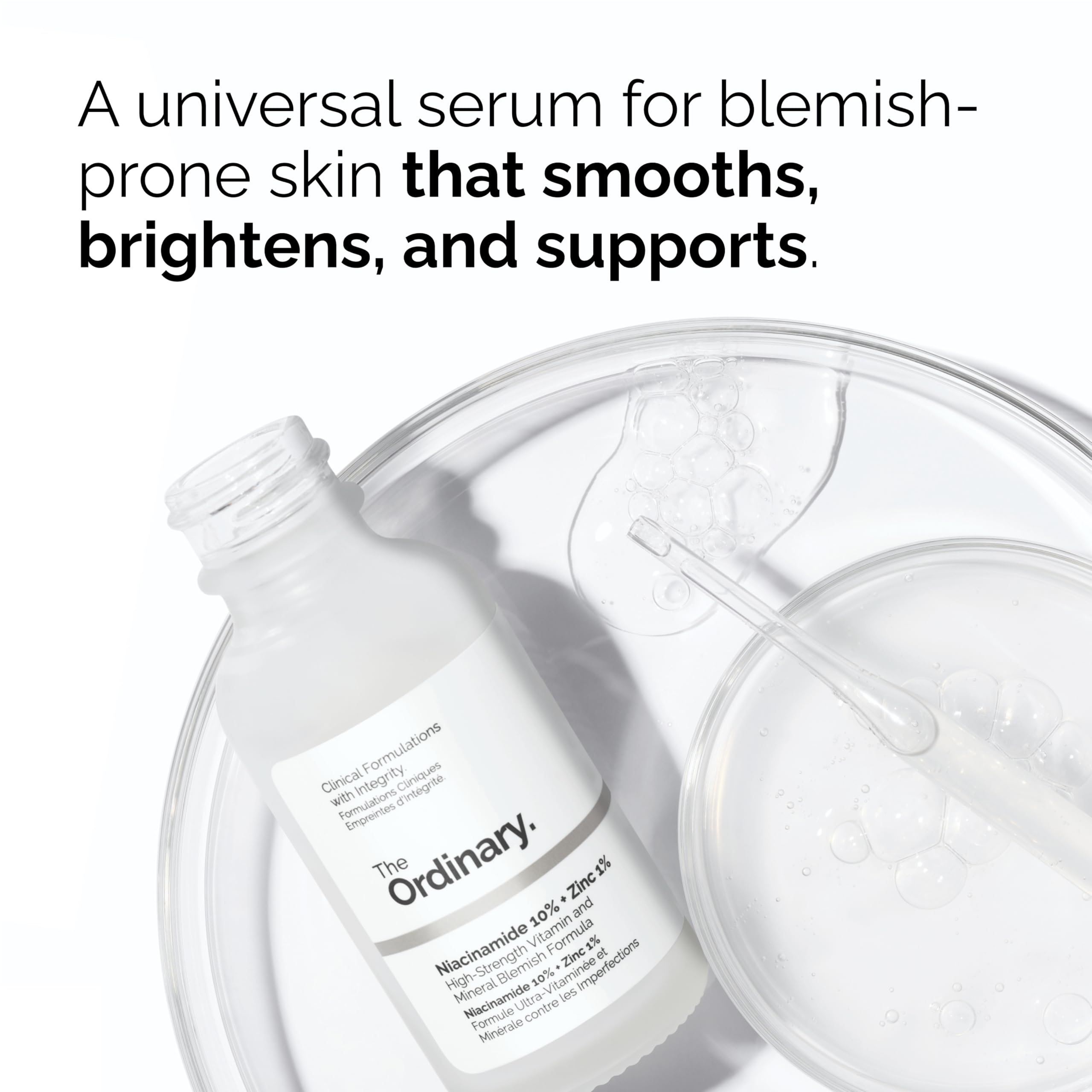 The Ordinary three bottles staged in bathroom, easy daily routine visualization