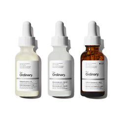 The Ordinary front packaging showing trio set, convenient travel-friendly serums
