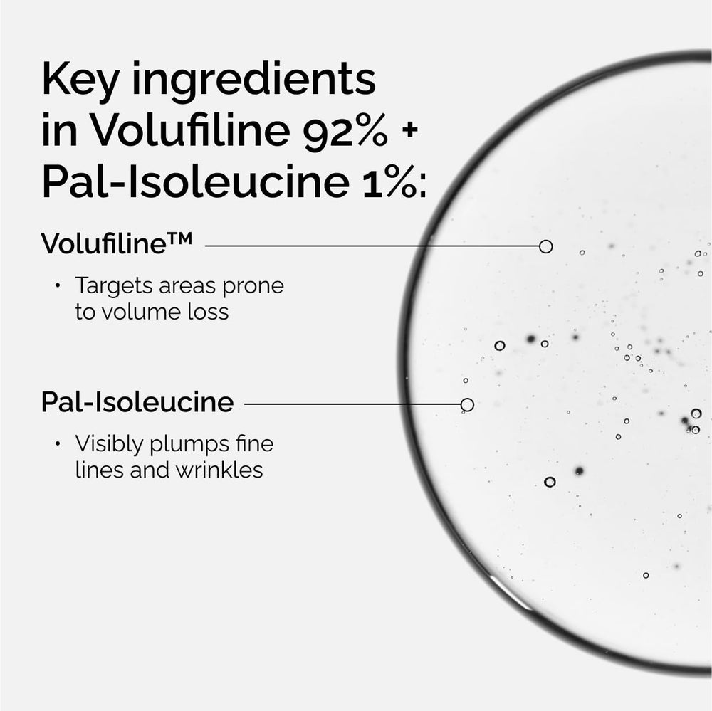 Close-up of The Ordinary serum texture, illustrating oil-like, concentrated consistency for fuller skin