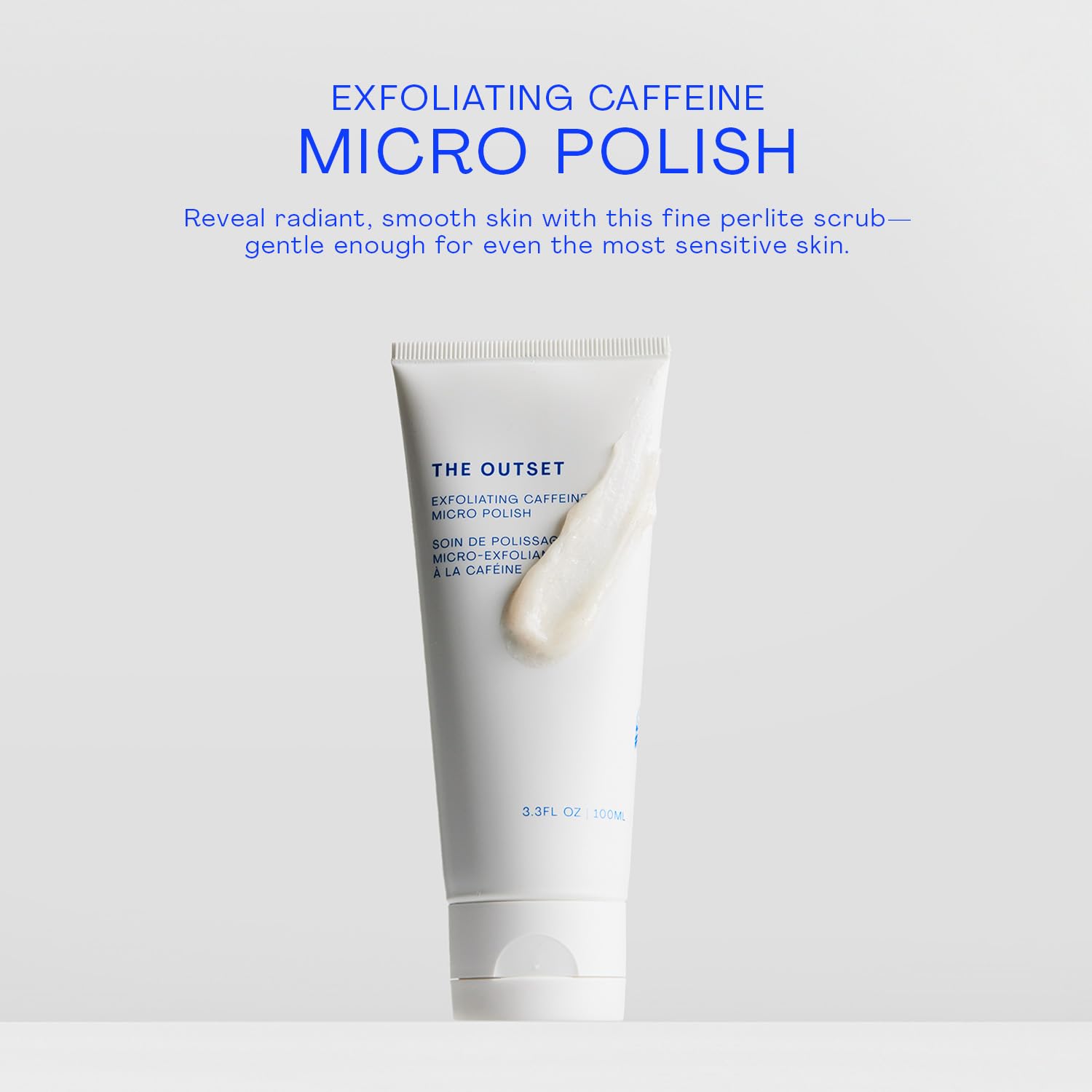 The Outset Exfoliating Caffeine Micro Polish texture close-up shows fine grains.