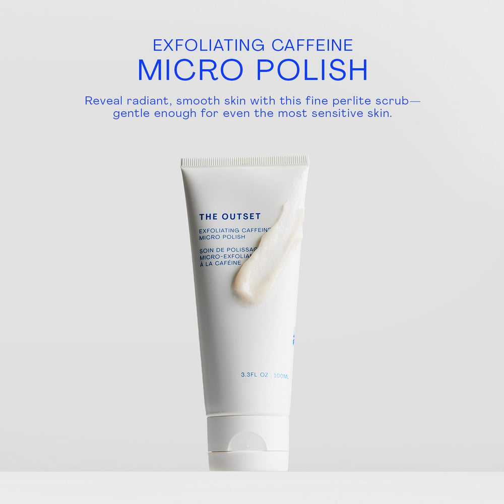 The Outset Exfoliating Caffeine Micro Polish texture close-up shows fine grains.