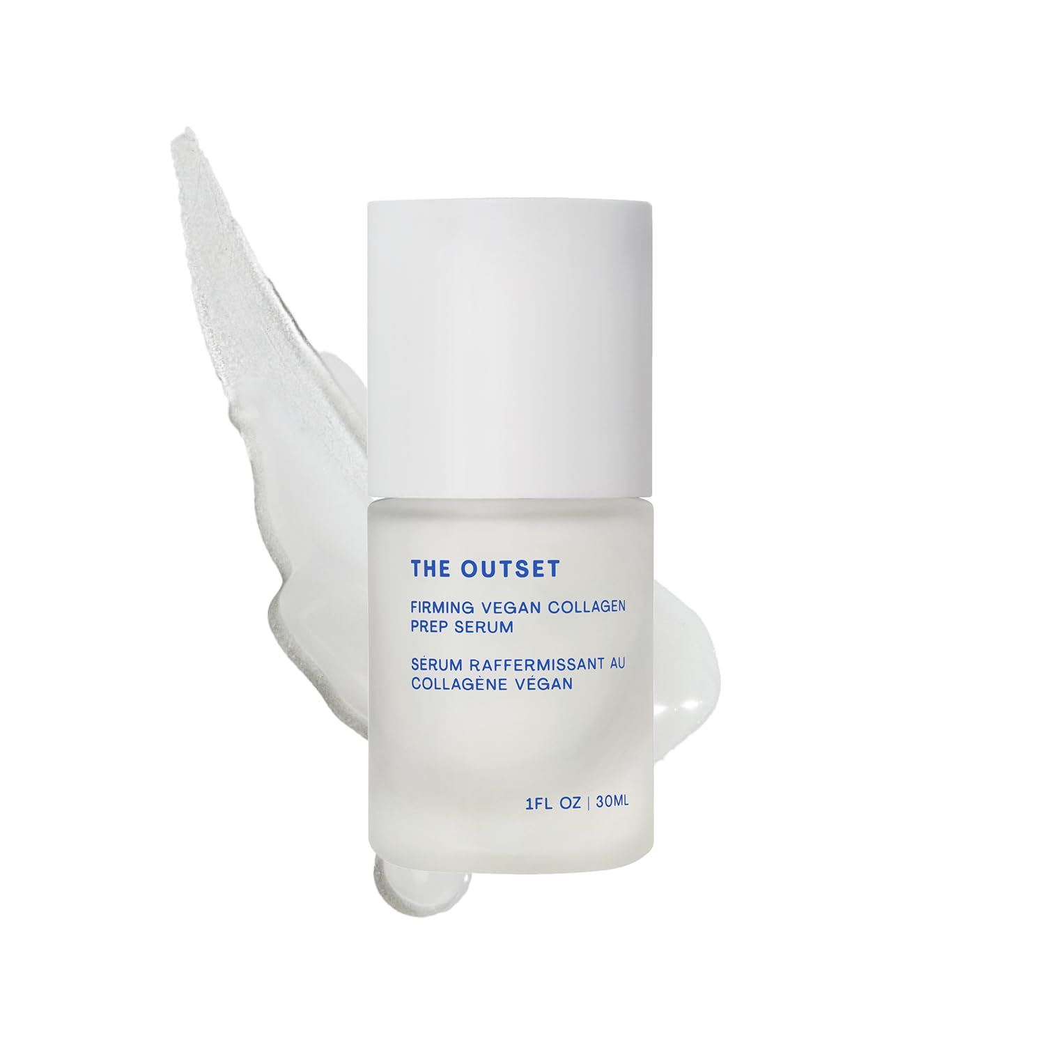 The Outset Firming Vegan Collagen Prep Serum bottle shows fragrance-free hydration for all skin types.