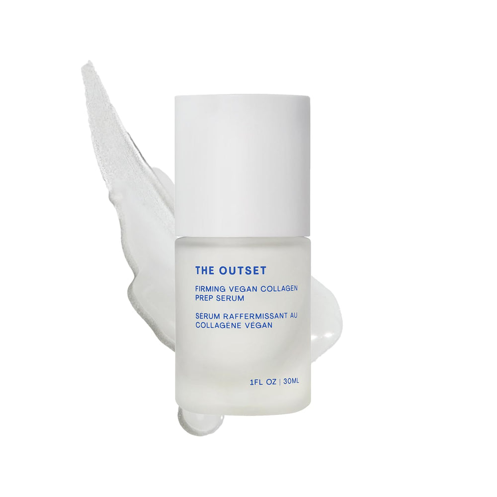The Outset Firming Vegan Collagen Prep Serum bottle shows fragrance-free hydration for all skin types.