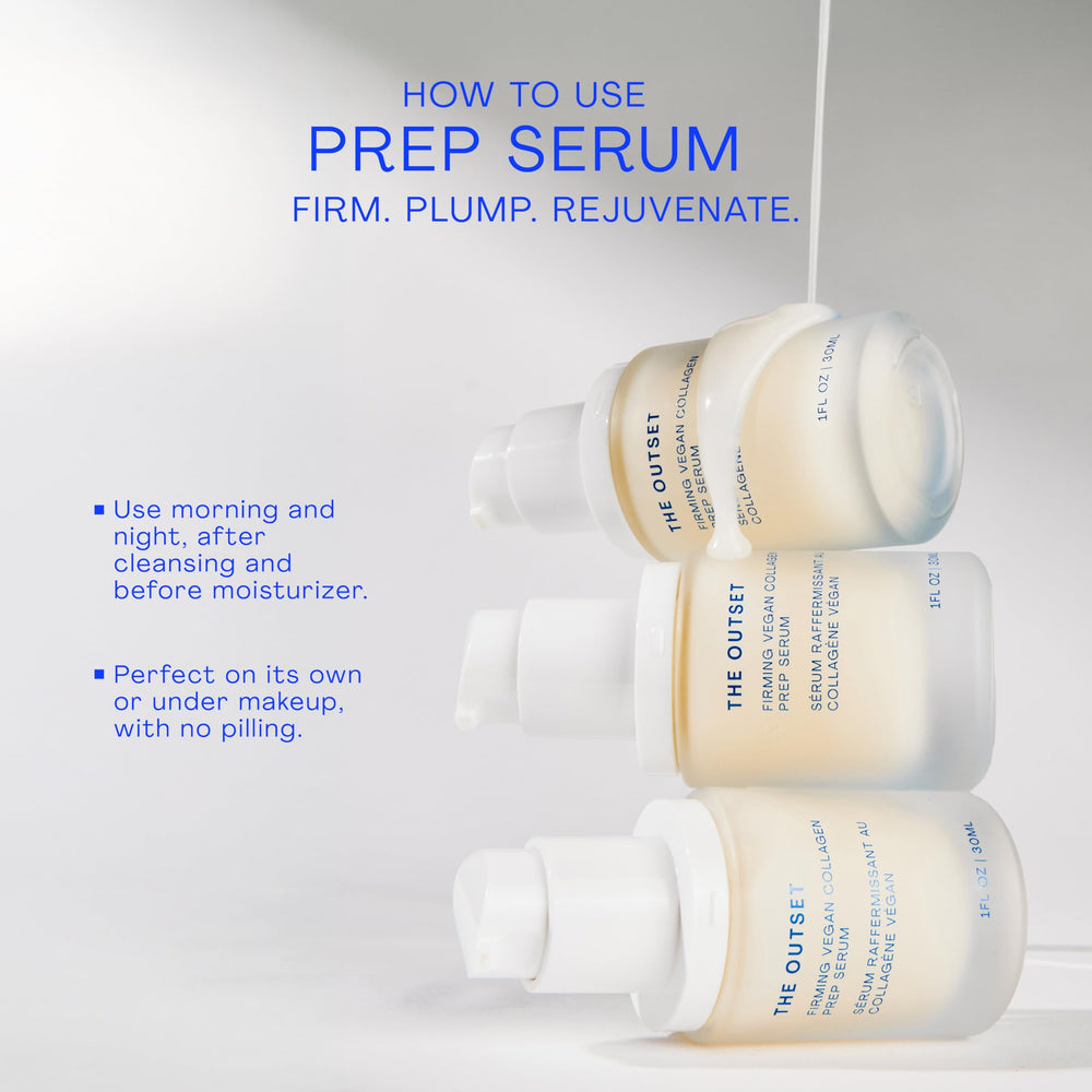 The Outset Firming Vegan Collagen Prep Serum hydration burst emphasizes long-lasting moisture.