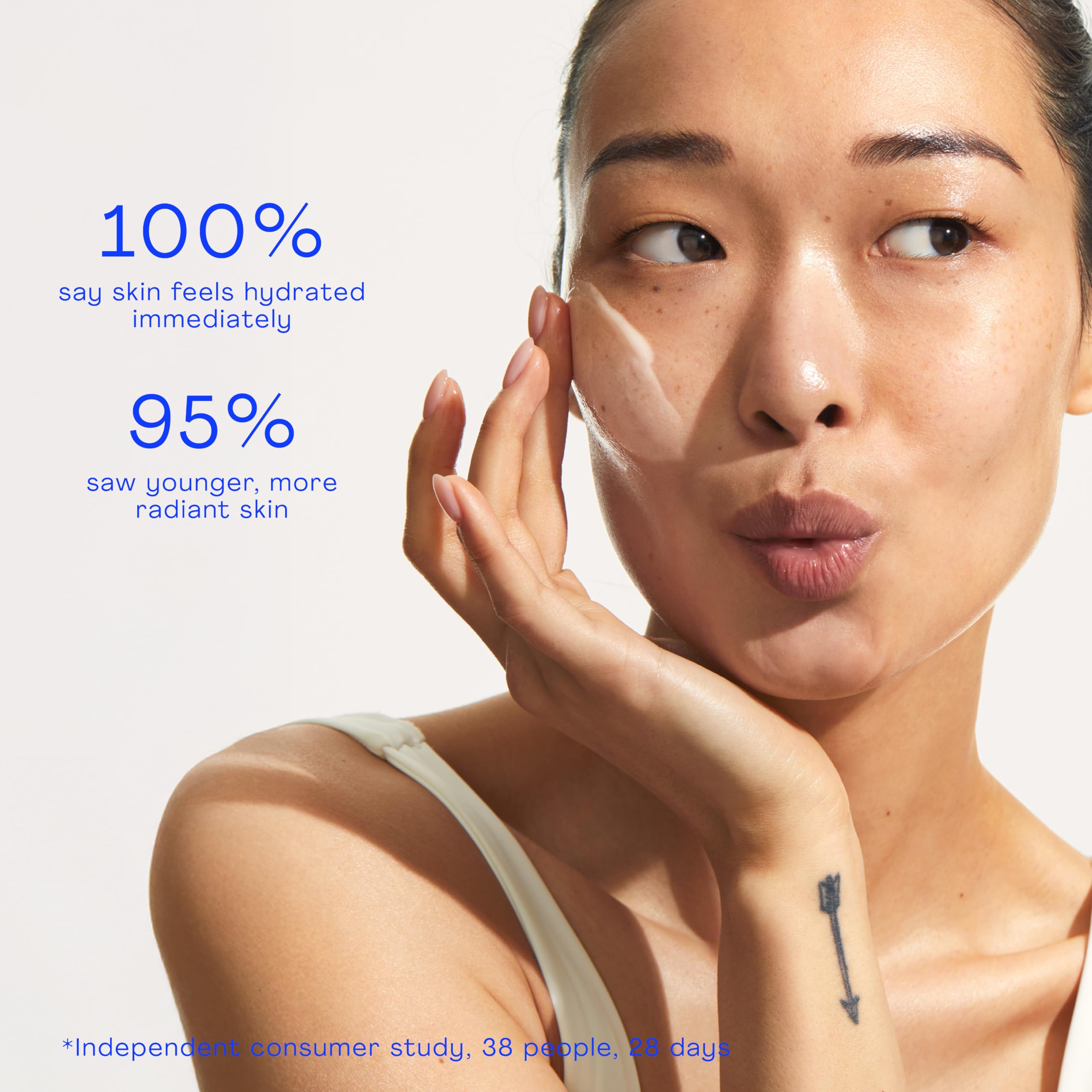 The Outset Firming Vegan Collagen Prep Serum neck-application suggests integrated skincare routine.