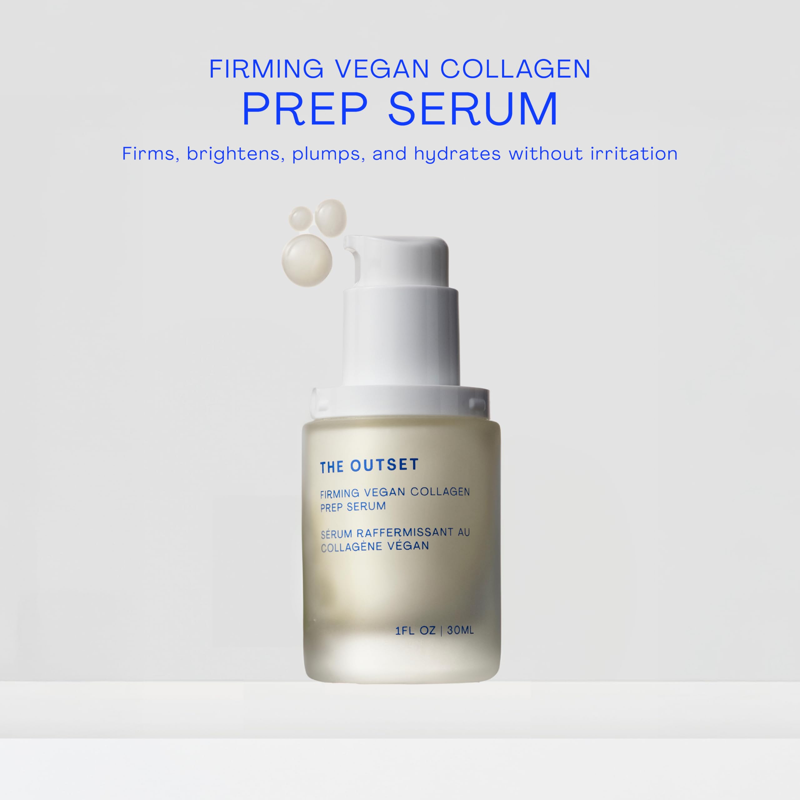 The Outset Firming Vegan Collagen Prep Serum pump demonstrates precise daily dosing for easy application.