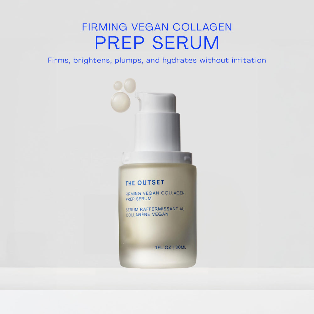 The Outset Firming Vegan Collagen Prep Serum pump demonstrates precise daily dosing for easy application.