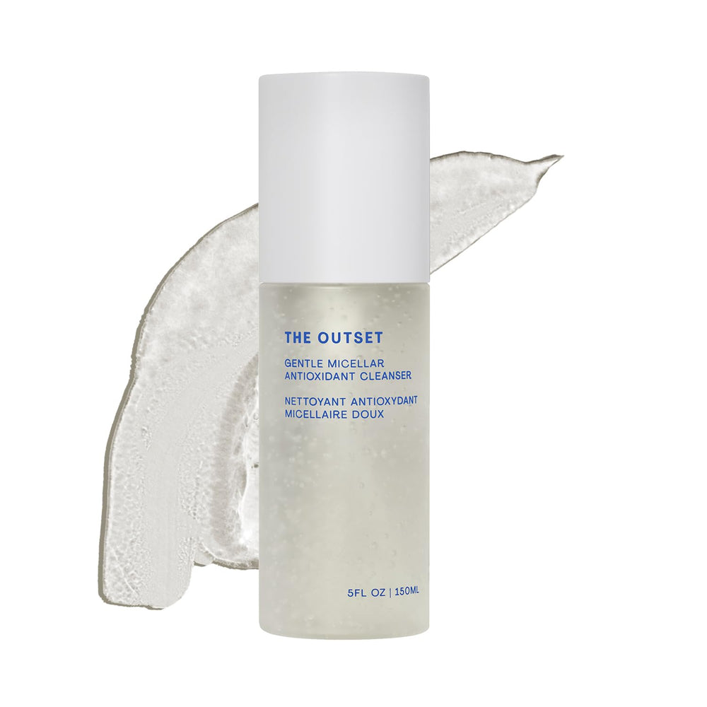 The Outset Gentle Micellar Antioxidant Cleanser bottle closeup shows fragrance-free formula for sensitive skin.