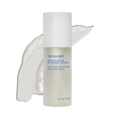 The Outset Gentle Micellar Antioxidant Cleanser bottle closeup shows fragrance-free formula for sensitive skin.
