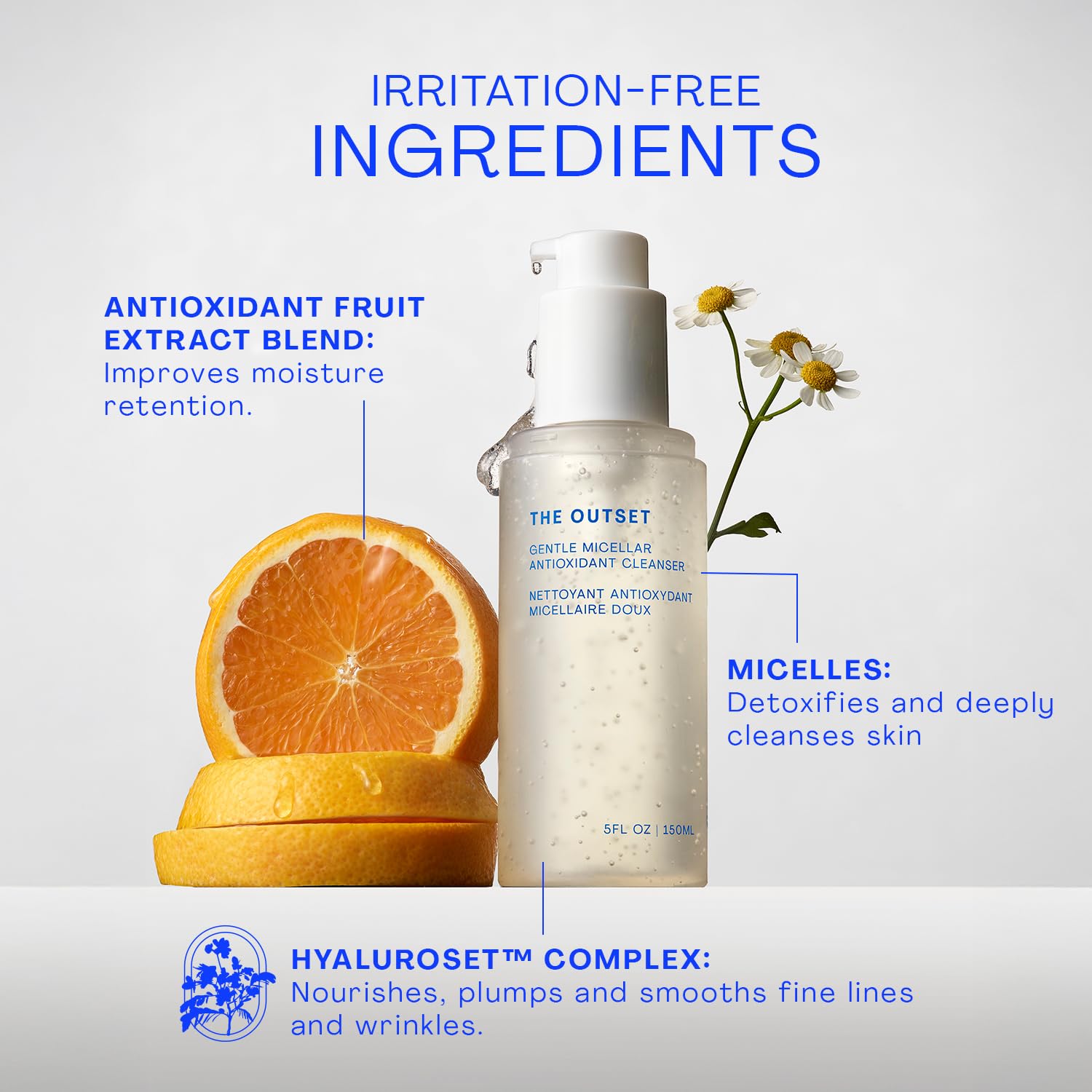 The Outset Gentle Micellar Antioxidant Cleanser lather closeup highlights gentle makeup removal.