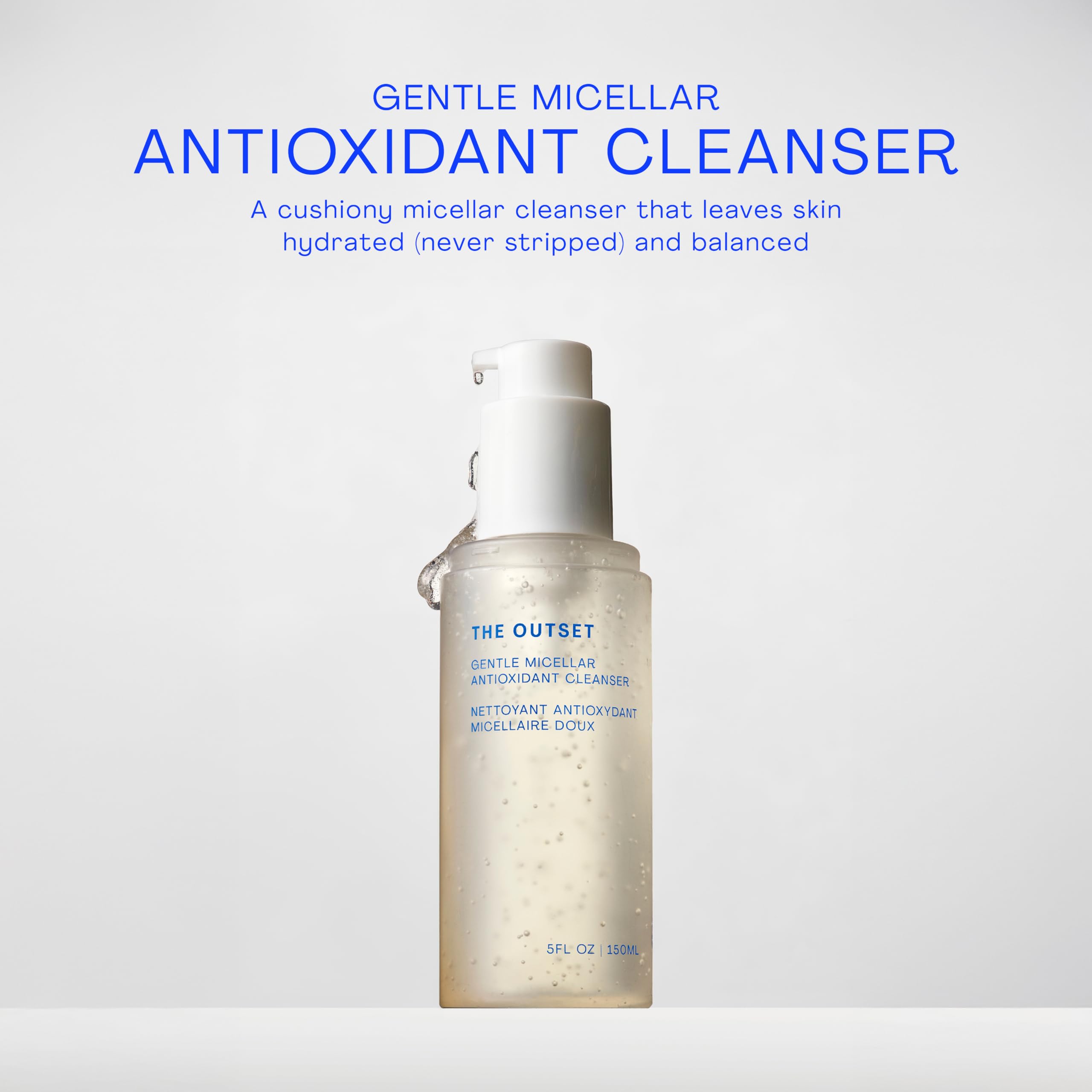 The Outset Gentle Micellar Antioxidant Cleanser pump-dispense demonstrates easy daily use.