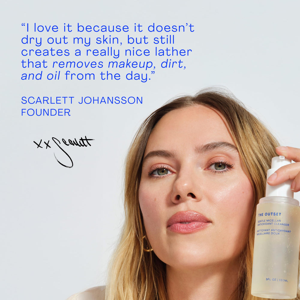 The Outset Gentle Micellar Antioxidant Cleanser on a wet face demonstrates hydrating cleansing.