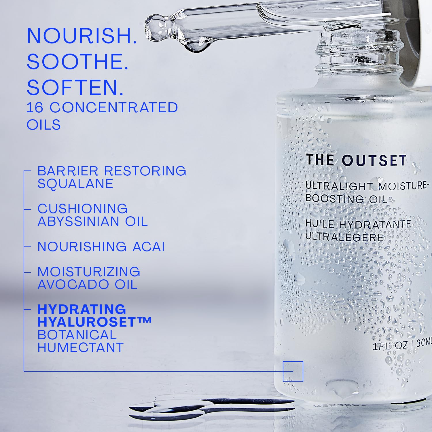 The Outset ingredient blend image highlights abyssinian, açai, and avocado oils for nourishment.