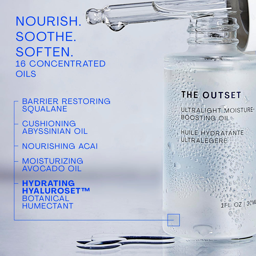 The Outset ingredient blend image highlights abyssinian, açai, and avocado oils for nourishment.