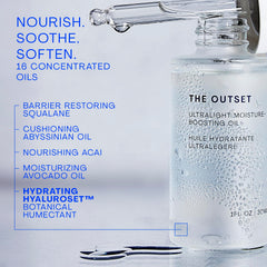 The Outset ingredient blend image highlights abyssinian, açai, and avocado oils for nourishment.
