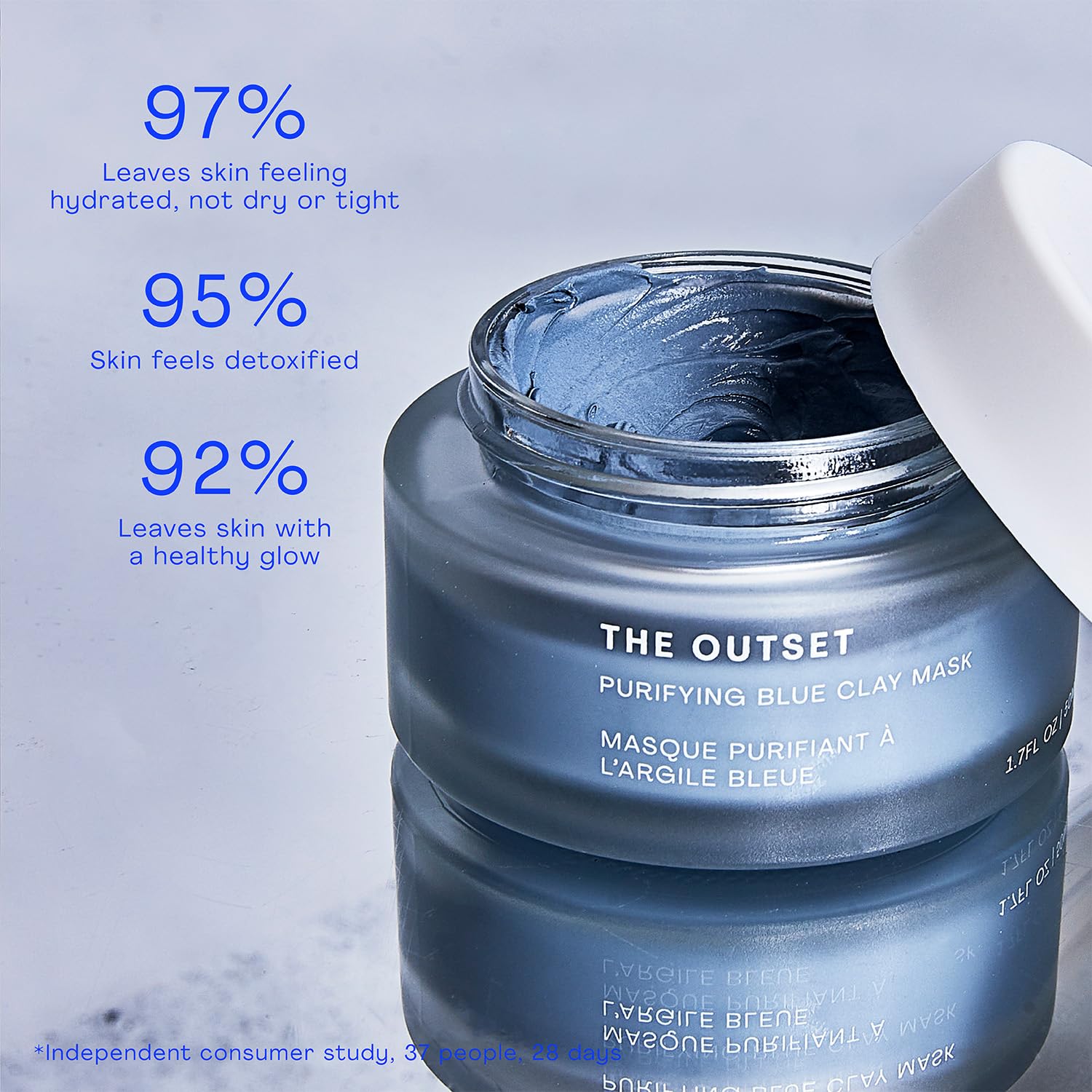 The Outset Purifying Blue Clay Mask bottle-packaging highlights vegan, gluten-free branding.