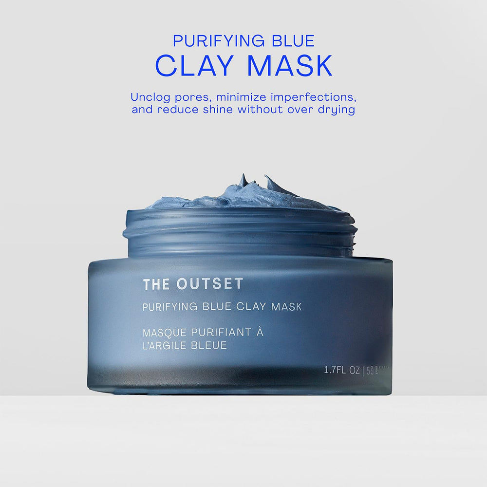The Outset Purifying Blue Clay Mask ingredient detail with kaolin, gardenia, pansy enhances clarity.