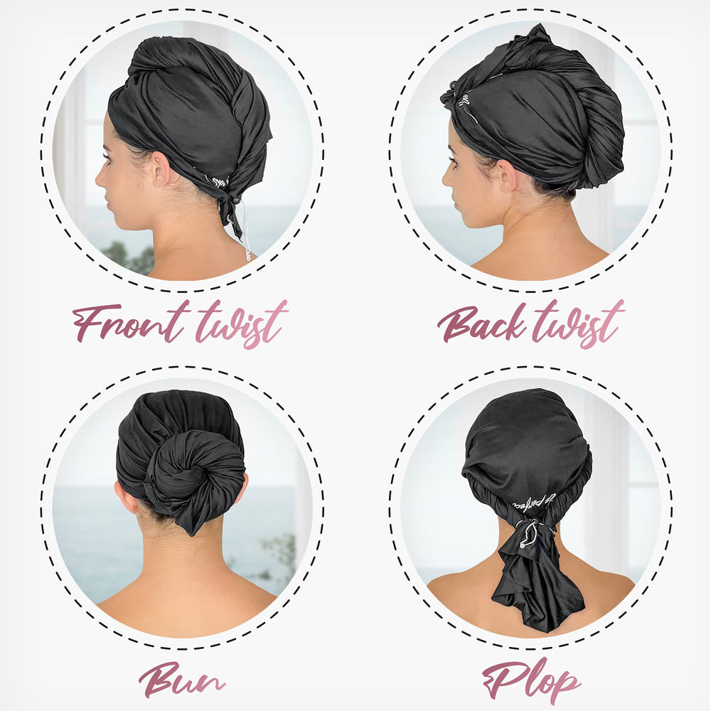 THE PERFECT HAIRCARE microfiber towel wrap all hair types model shows versatile usage.