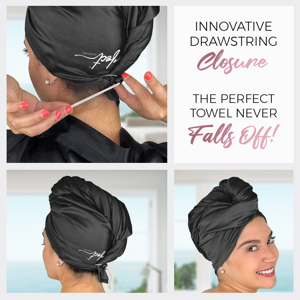THE PERFECT HAIRCARE microfiber towel wrap compact fold demonstrates travel-friendly size.