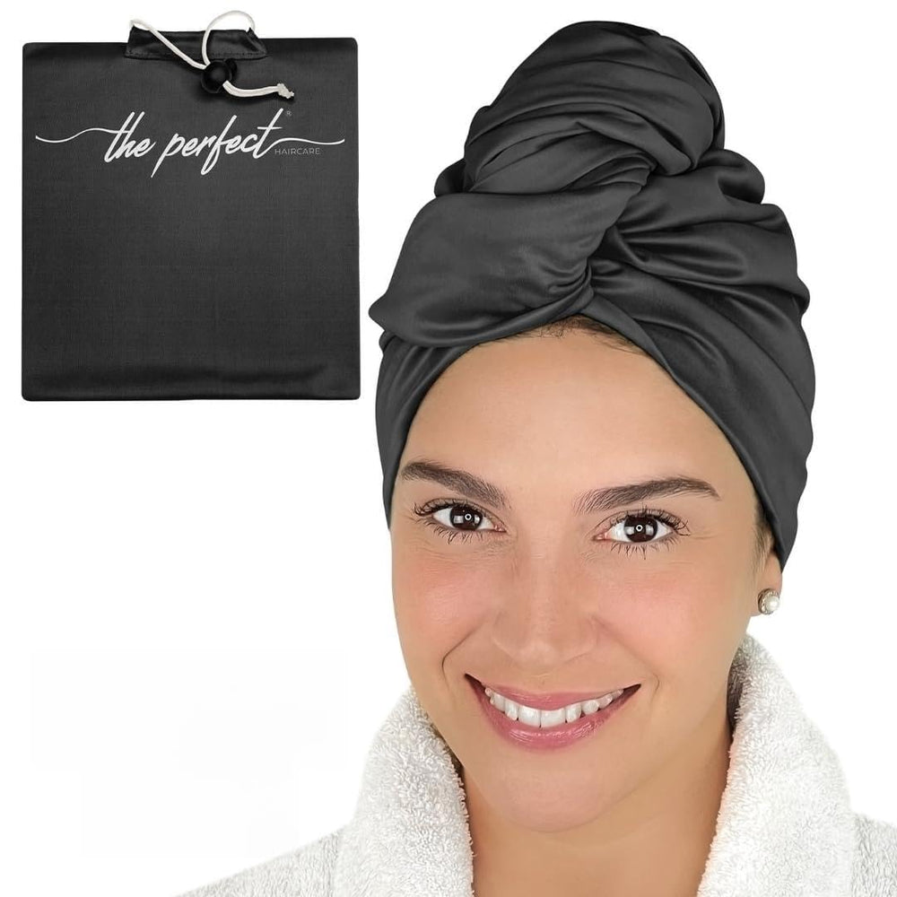 THE PERFECT HAIRCARE microfiber towel wrap front view shows gentle drying benefit.
