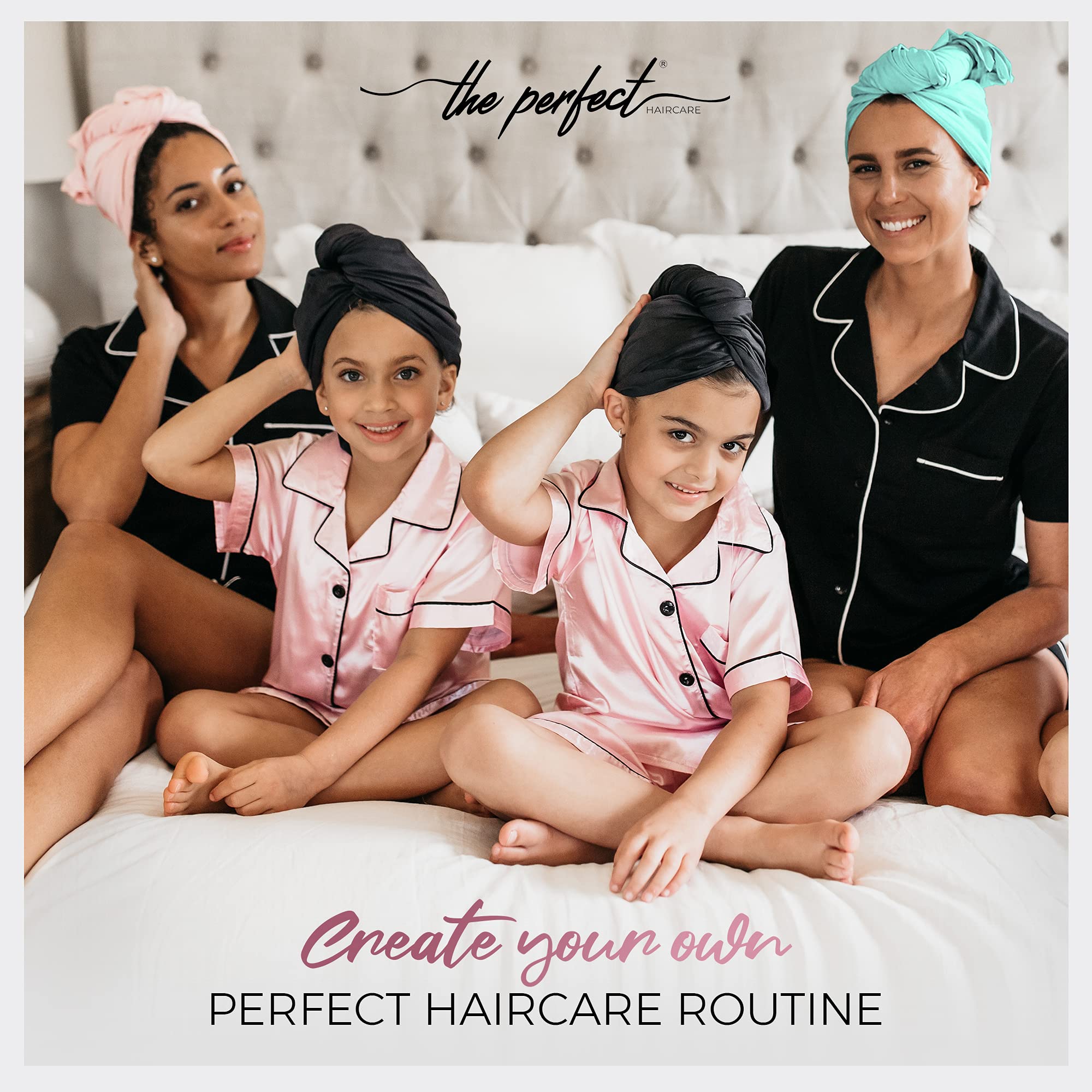 THE PERFECT HAIRCARE microfiber towel wrap on head demonstrates secure wear.