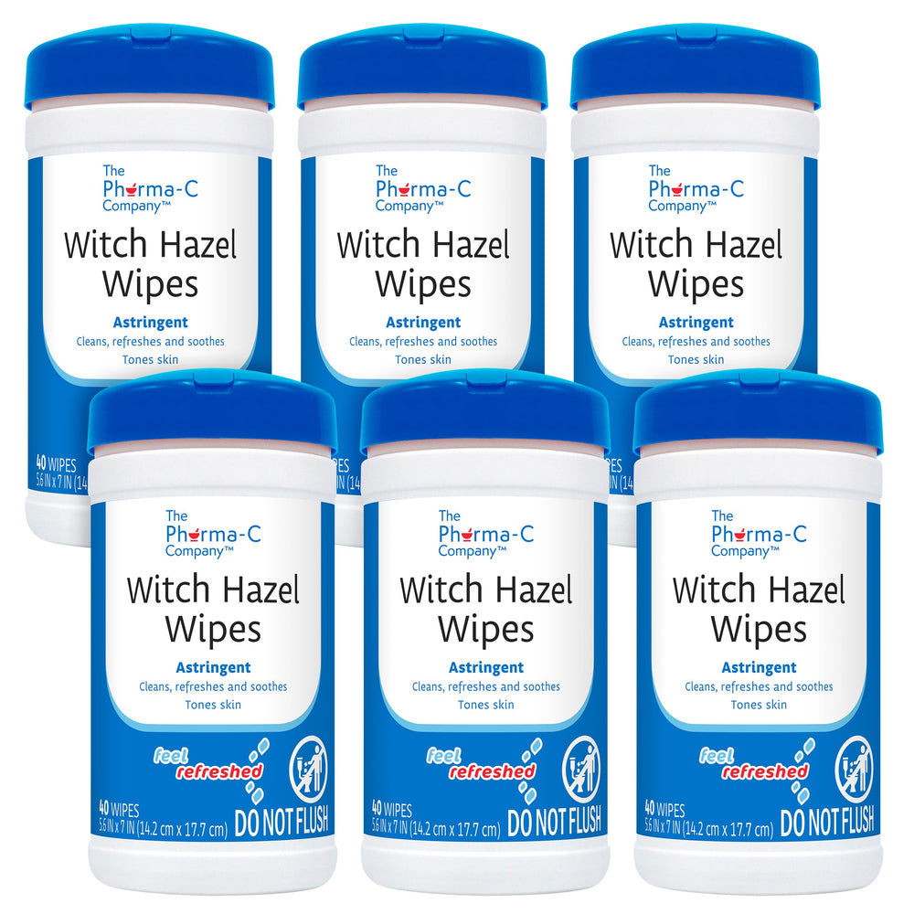 The Pharma-C Company Witch Hazel Wipes canister closeup for quick, oil-free cleansing.