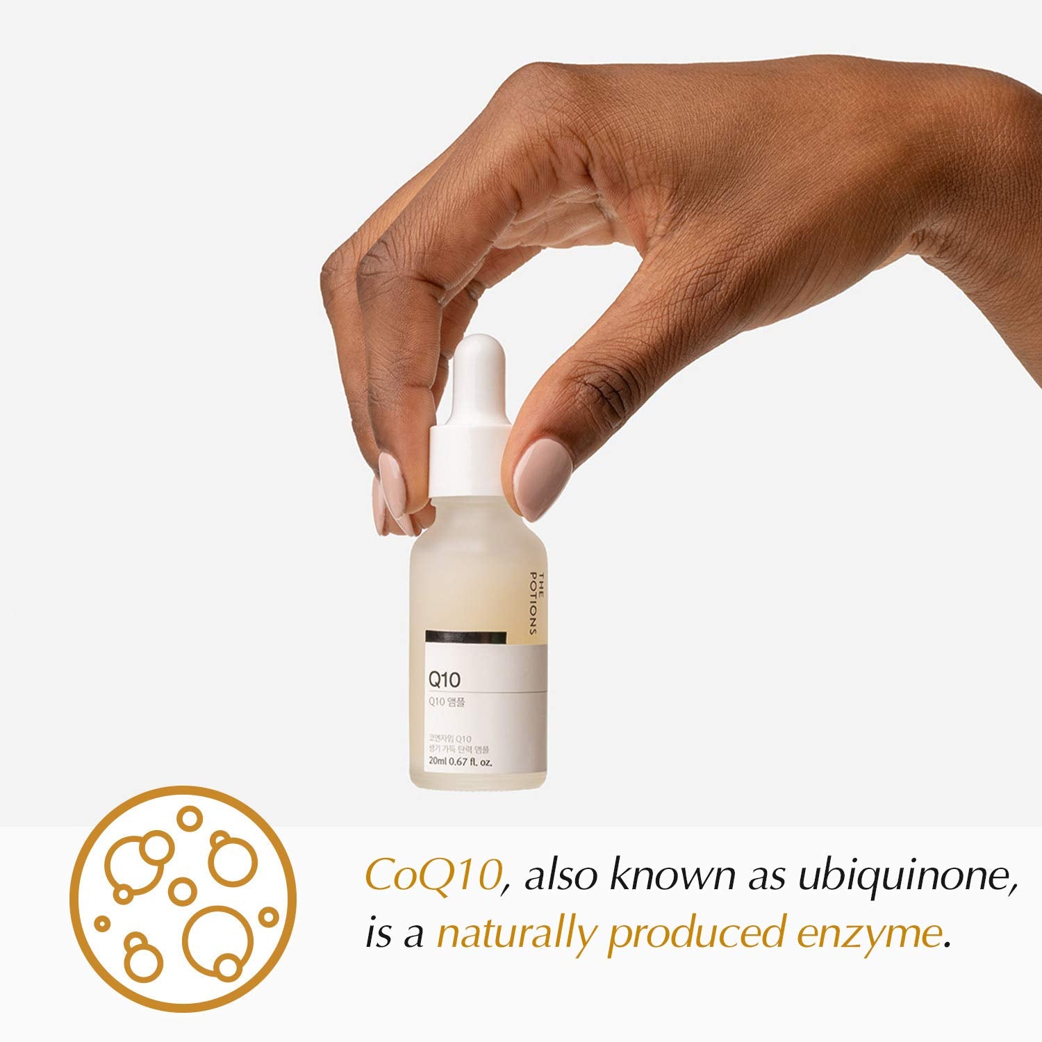 The Potions Coenzyme Q10 Face Serum label closeup highlights antioxidants for dull skin.