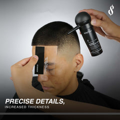 The Rich Barber N'Hance applicator pump ensures even fiber distribution for a precise finish.