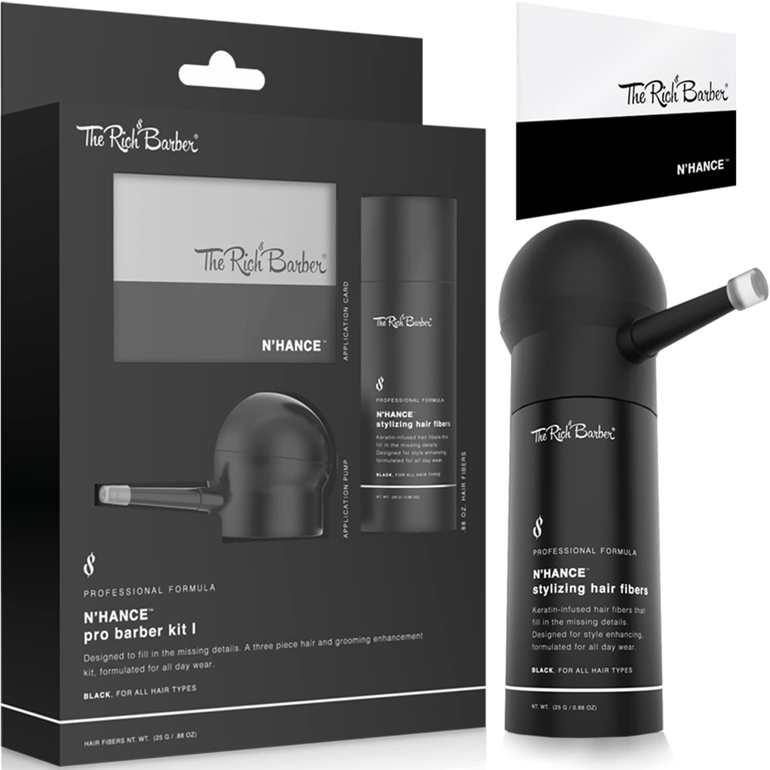 The Rich Barber N'Hance bottle of fibers for natural hairline filling and texture.