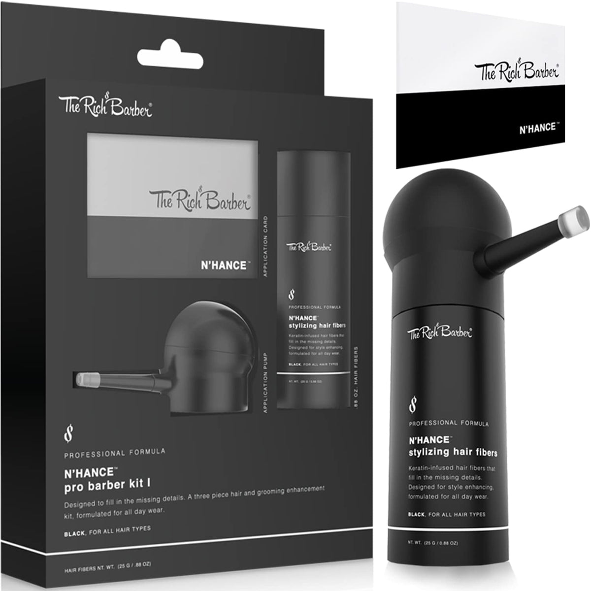 The Rich Barber N'Hance bottle of fibers for natural hairline filling and texture.