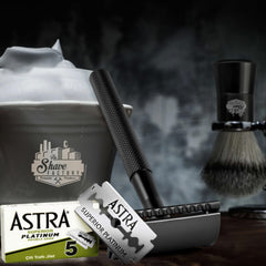 The Shave Factory Astra-Platinum blades closeup highlighting edge durability for daily shaves.