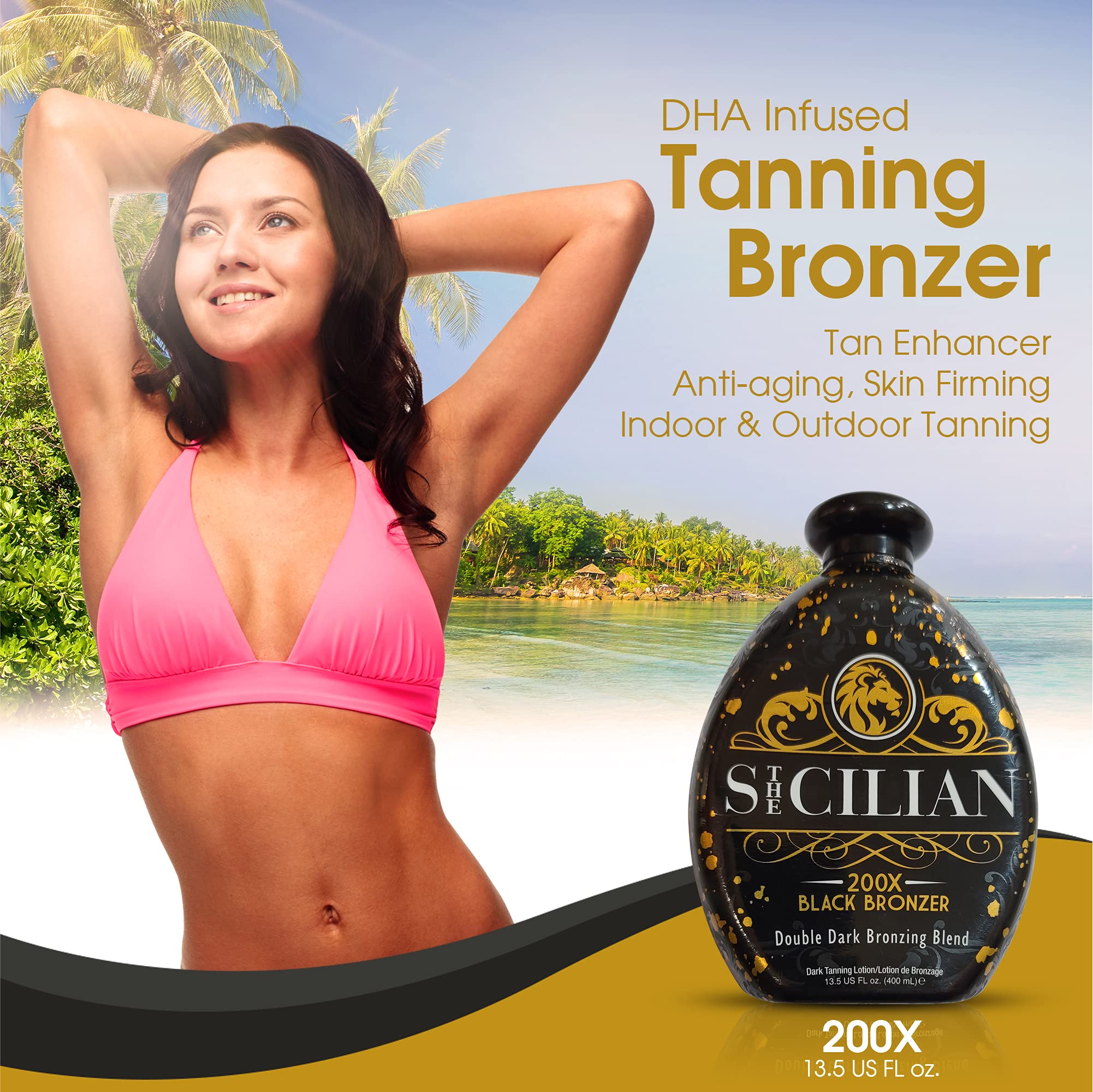 The Sicilian 200X bronzer coq10-oils image emphasizes nourishing skin while tanning.