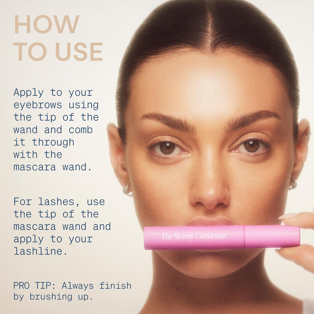 The Skinny Confidential Brow Peptide vitamin-rich formula supports brows and lashes.