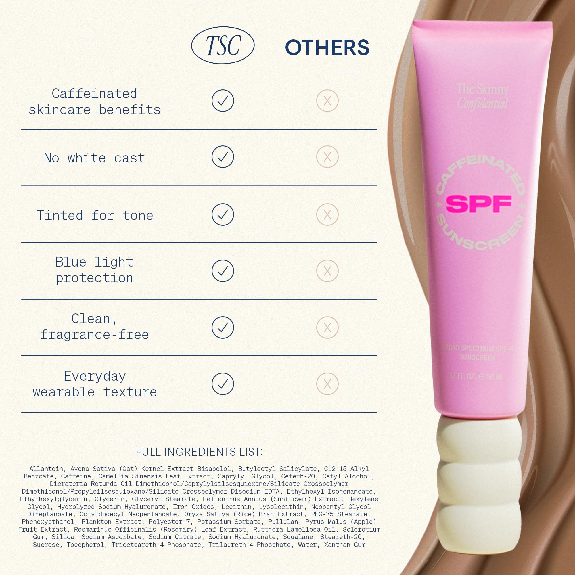The Skinny Confidential caffeine sunscreen closeup showcases energizing skin benefits.