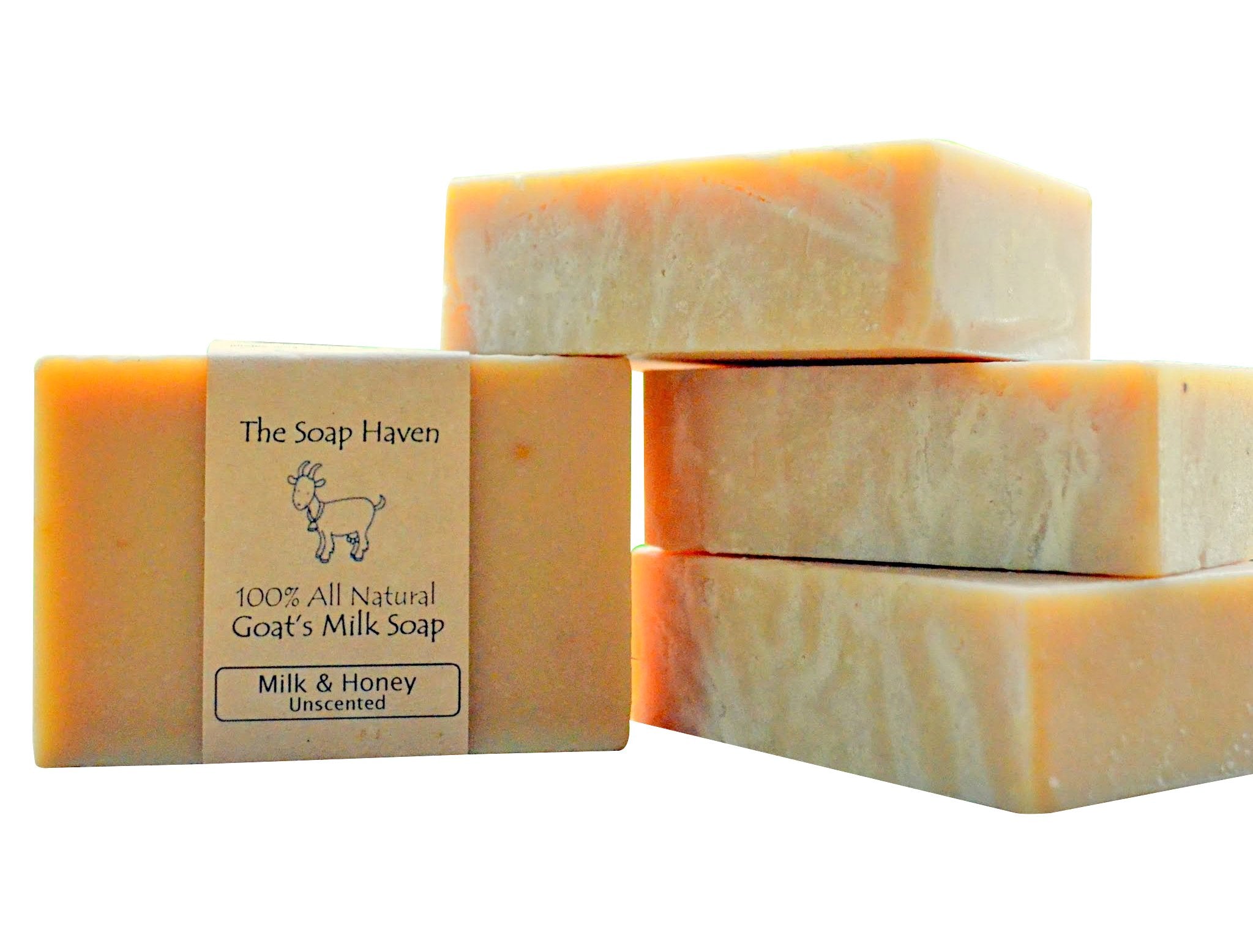 The Soap Haven goat milk honey bar unscented packaging emphasizes fragrance-free care.