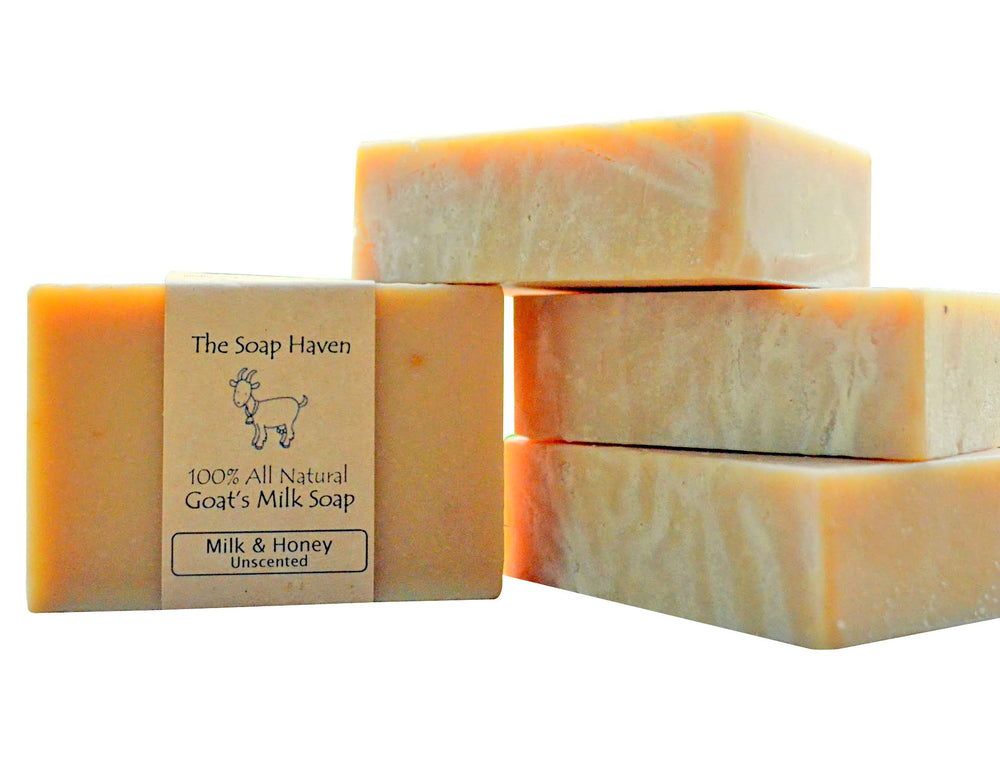 The Soap Haven goat milk honey bar unscented packaging emphasizes fragrance-free care.