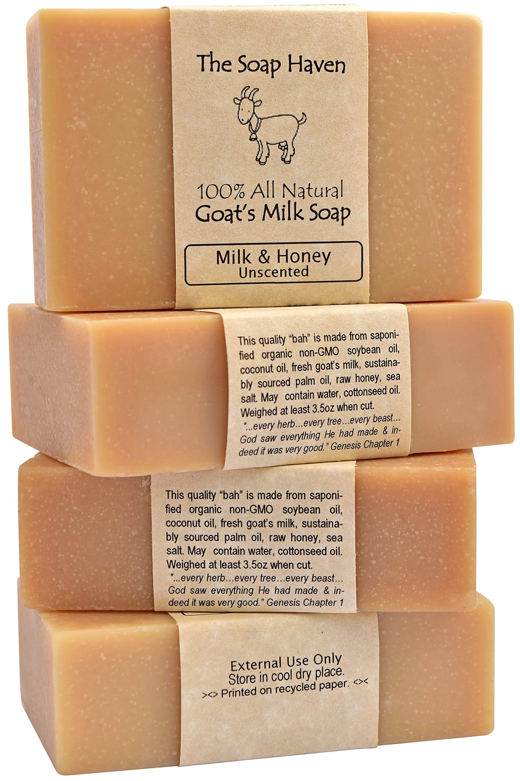 The Soap Haven goat milk honey bar wrapped, unscented and gentle for sensitive skin.