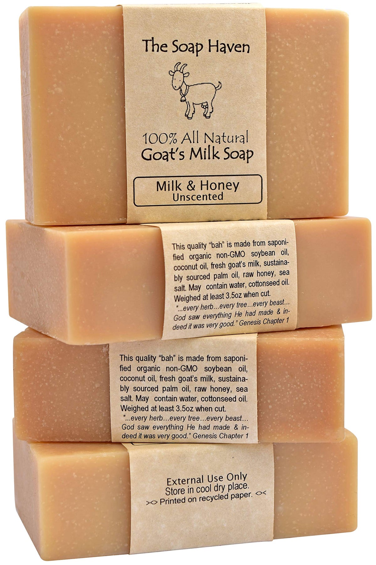 The Soap Haven goat milk honey bar wrapped, unscented and gentle for sensitive skin.