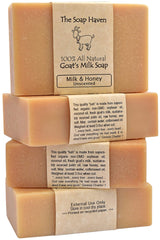 The Soap Haven goat milk honey bar wrapped, unscented and gentle for sensitive skin.