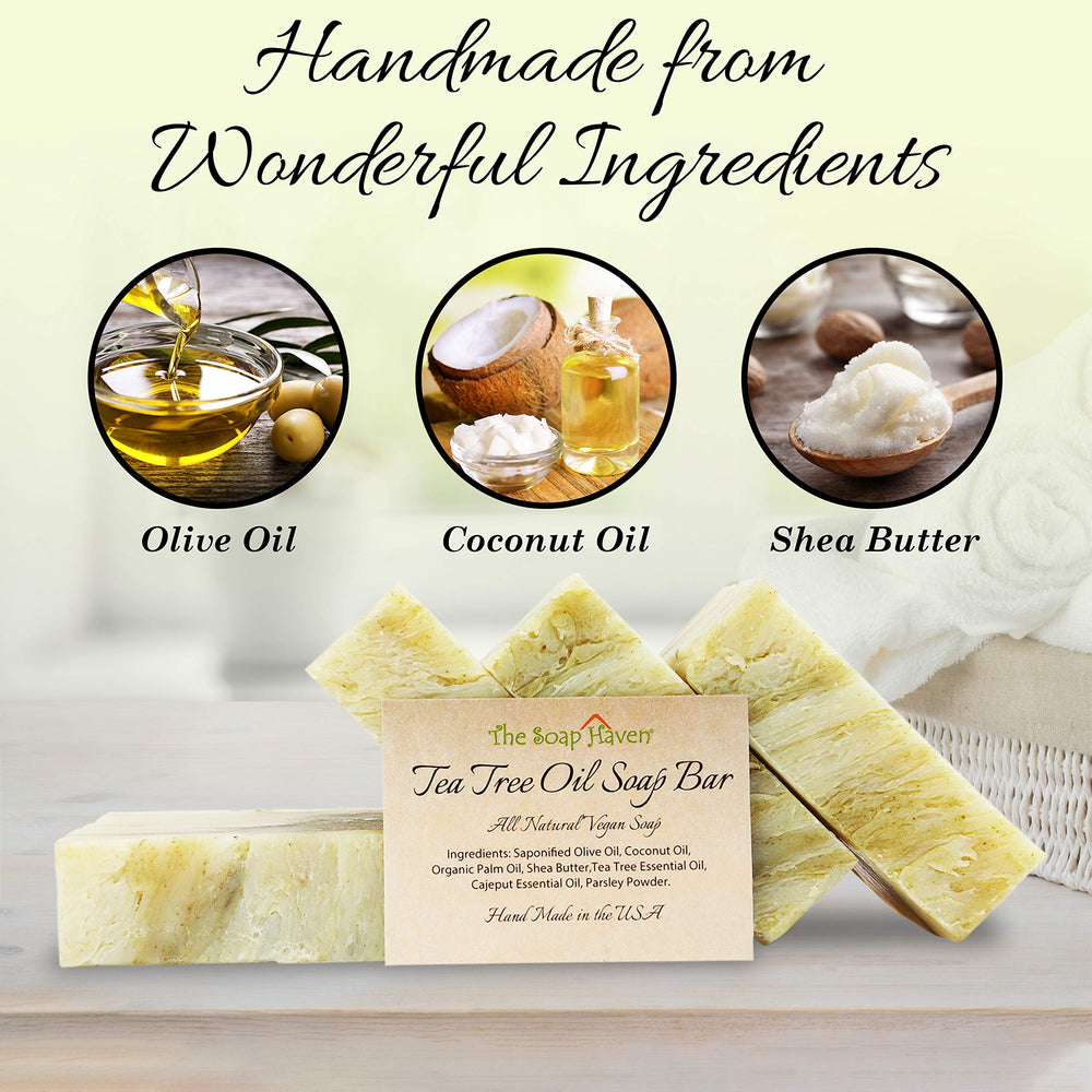 The Soap Haven tea tree soap made in USA highlighting non-GMO ingredients